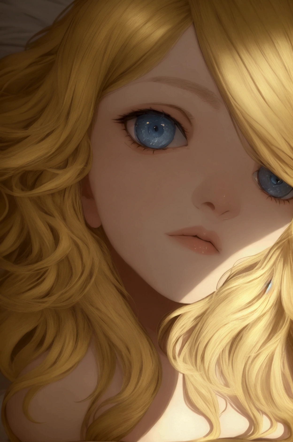 beautiful blonde, landscape format, very detailed, 21 years old, innocent face, natural wavy hair, blue eyes, high resolution; art, Best quality, intricate details, very detailed, sharpness, detailed skin, Realistic skin texture, texture, eyes detailed, professional, 4k, Charming smile, shot with Canon, 85mm, wide depth of field, Kodak Vision Color, perfect fit body, extremely detailed, photo _(ultral), photoR realistic, Realistic, Post-processing, maximum detail, roughness, real life, ultra realistic, photorealism, photography, 8klongé, lying on a bed