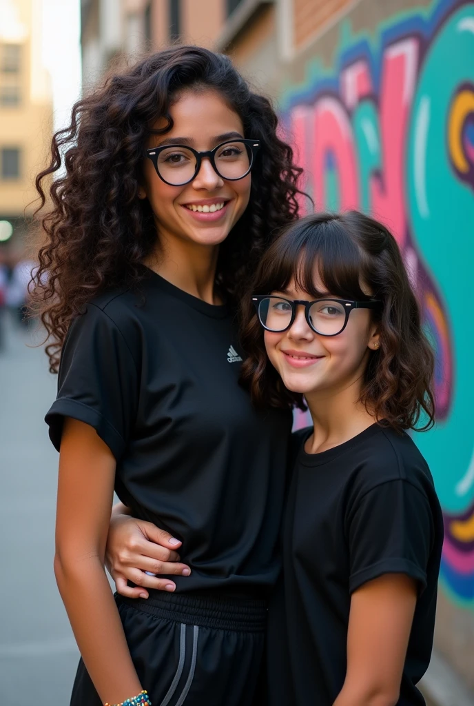 A tall dark-haired teenager with curly hair and a watch, black Adidas clothes, wears glasses, girl with short wavy hair and bangs has a bracelet and a beautiful smile