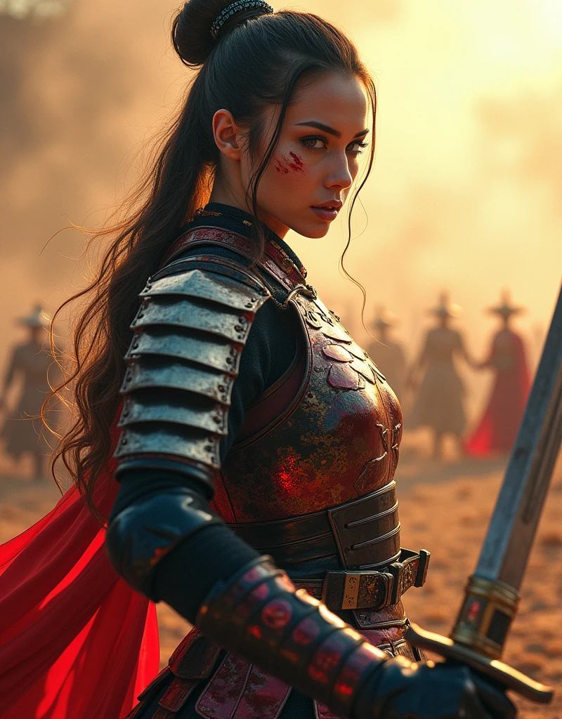 a beautiful woman wearing japanese warrior armor, carrying a katana sword, standing in a battle field, action pose, red scratches on her body, highly detailed, 8k, photorealistic, dramatic lighting, cinematic, vibrant colors, digital art