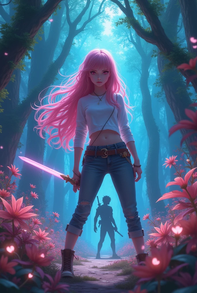 (animation:1.4), vibrant fantasy forest, magical atmosphere, glowing plants, long pink hair, white skin, 18-year-old girl, casual modern clothing, holding a semi-realistic fantasy sword, facing off against a creature, intense and determined expression, dynamic battle-ready pose, sword raised, creature in background, preparing to attack, intricate details, enchanted environment, mystical lighting, vibrant colors, cinematic composition, by Hayao Miyazaki, by Yoshitaka Amano