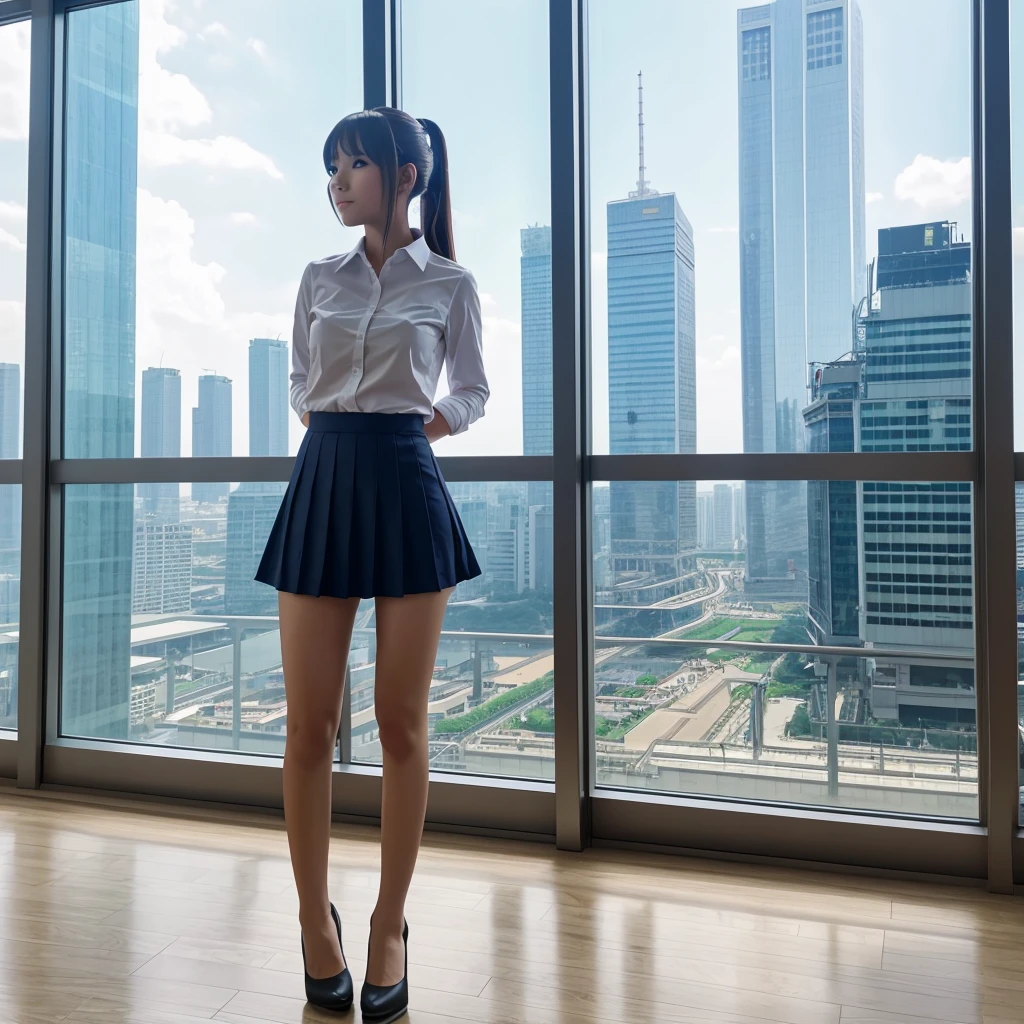 Anime girl in office skirt in sky scraper tower background - in half screen window, window outside sceen- other skyscrapers, building e.g.