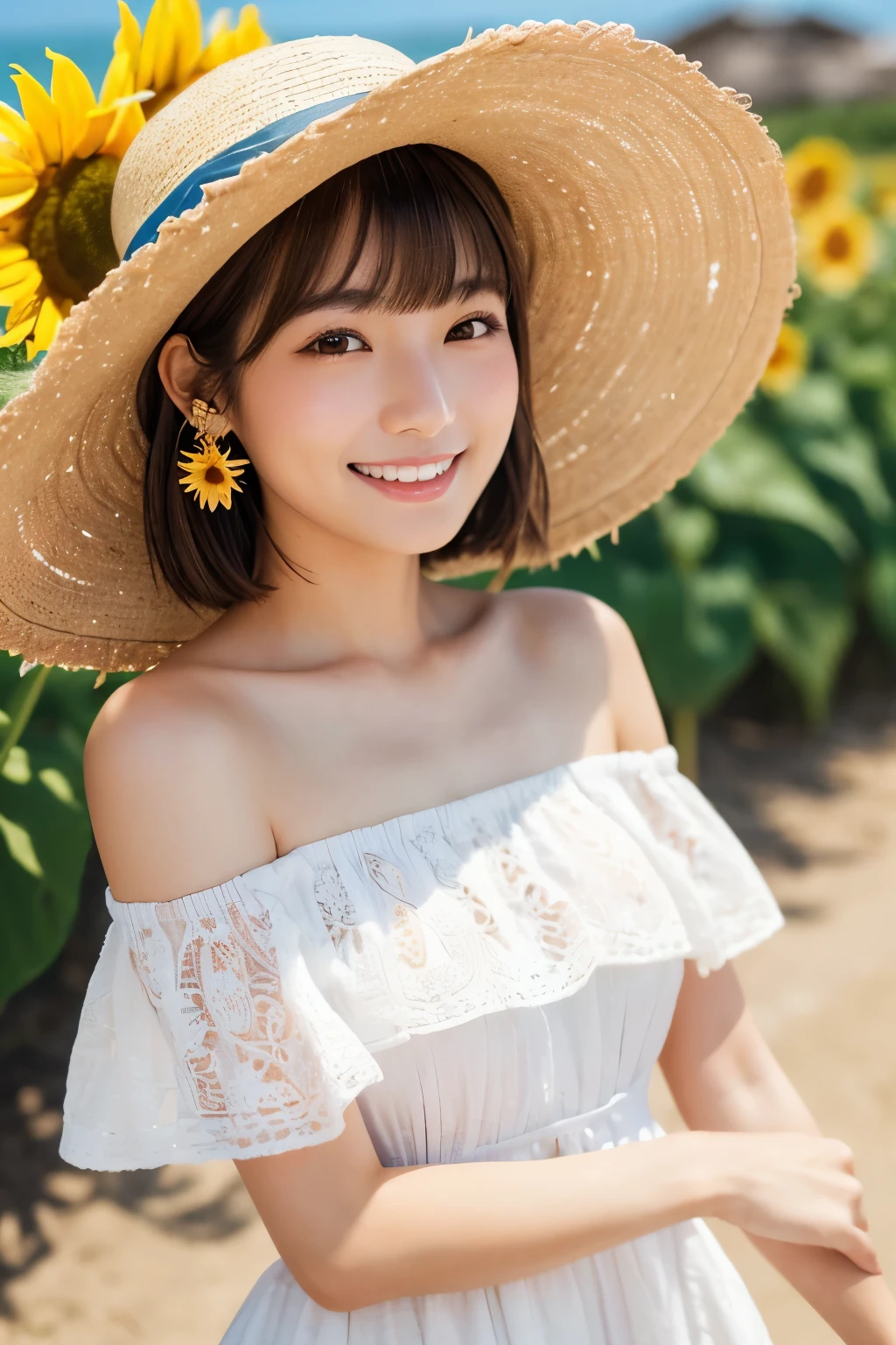 Close-up of a realistic, high quality, beautiful Japanese woman wearing a straw hat with happily smile, upper body shown, pretty smile, (wearing an off-the-shoulder stylish dress with a beautiful sunflower pattern), short brown hair cut with bangs, background is seaside, wind is blowing, (beautiful makeup), earring,