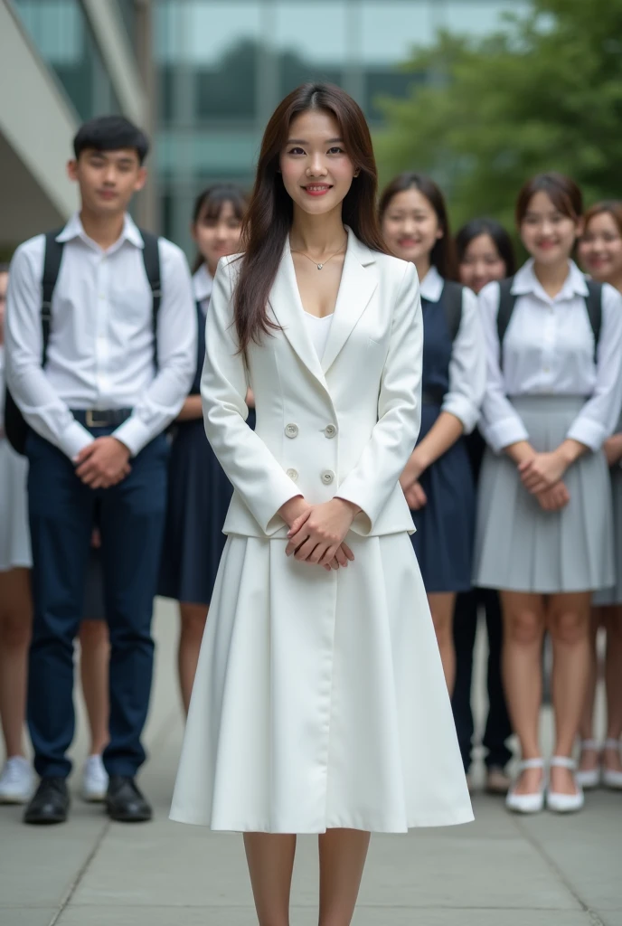 Female teacher incontinence during group photo shoot、incontinence、Peeing on your own、Lots of pee、From below、White Suit、White Skirt、High heels、Perfect figure、A beautiful woman、Lined up with students in front of the school building、upright、Tears of embarrassment after wetting myself、Surrounded by students、be subjected to relentless contempt from students