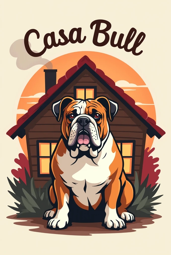 Logo for a restaurant that says Casa Bull and has the image of an English bulldog and a house in the background