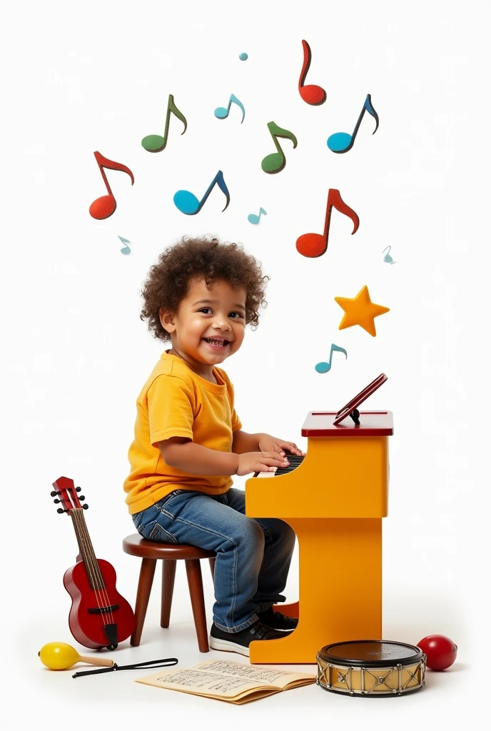 5 year old happy venezuelan boy with piano, musical instruments, musical notes, sheet music, pentagram, white background, charming, cute, playful, musical