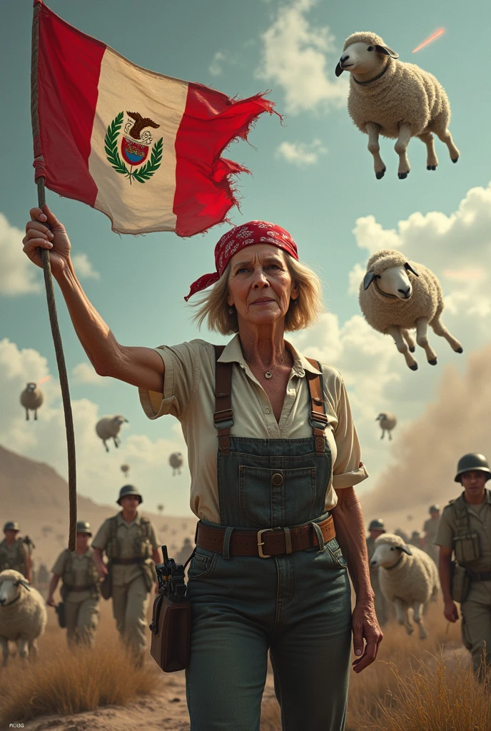 A 71-year-old woman with short, voluminous bob hair with soft waves, blonde with some darker streaks. Her face is clear with marked expression lines, especially around the eyes and mouth, with war clothing, suspenders, painted face and a bandana on the head, with a raised flag in which there is a churra sheep. There is a war going on around her, in which flying sheep that shoot lasers from their nipples and land sheep with Monster truck wheels fight to the death against the Peruvians, with cock blows that that crush them and the Peruvians are defenseless against the cocks and the busty lasers. All in a gray war background with corpses on the ground and the gray sky.