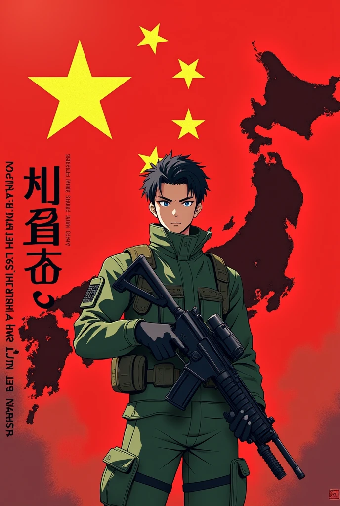 (The background is the entire,The map is red,On the left is the five-star red flag) (A handsome anime man in green camouflage clothing holding a submachine gun)(On the left side of the picture"If there is a war,Must return when summoned!",The font must be strong and powerful)("Always Be Prepared"This sentence is written on the right side of the picture,The font must be domineering)(The whole picture looks very loving.)(Aspect ratio of 3:2)(A bit sci-fi)