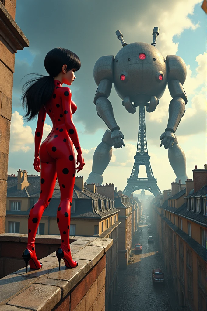 Lady Bug faces a robot on a rooftop . At the bottom the Eiffel Tower is divided