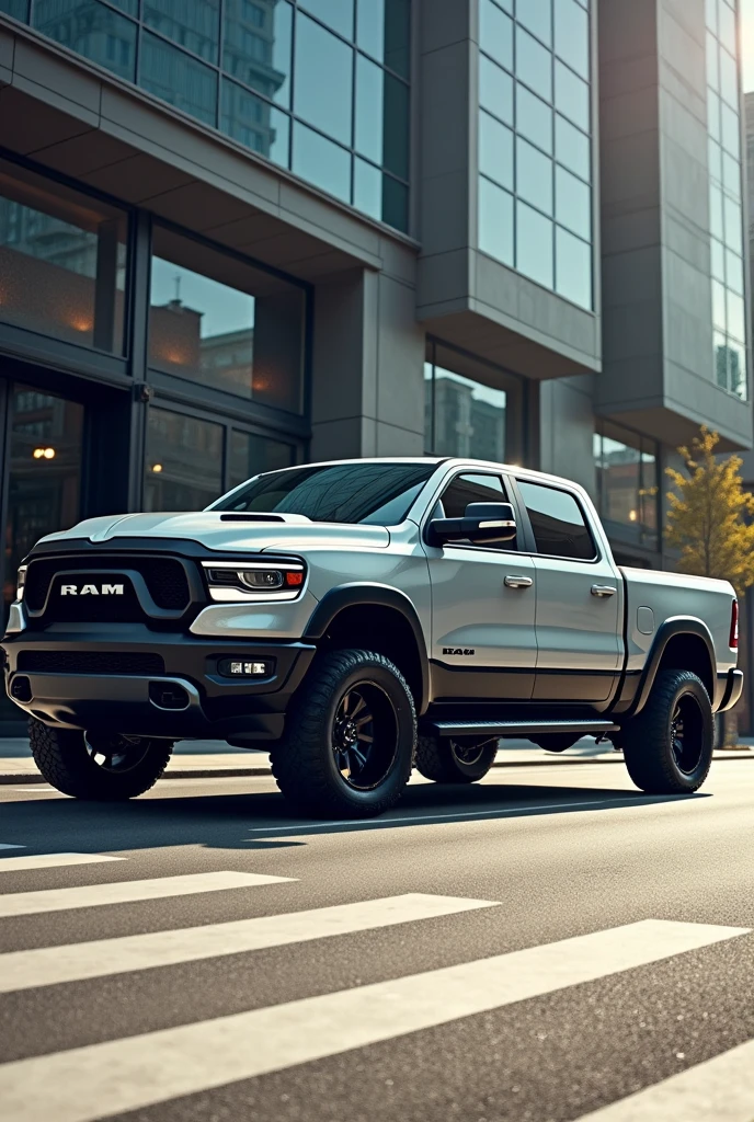 2024 Dodge Ram 1500 pickup truck in light gray with black rims on the side and a building behind it
