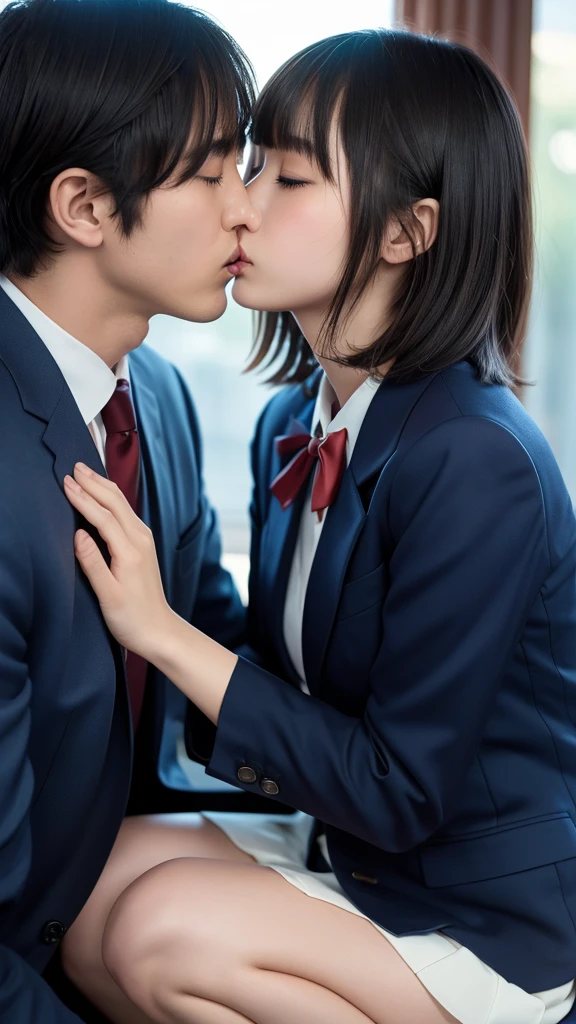 ((masterpiece, Highest quality, High resolution)), Japanese high school girl and her father share a passionate kiss、(Realistic: 1.4), Embarrassed、Closed eyes、close your eyes、Closed Mouth、Shut your mouth.、Great face,Glossy Lips、, short hair、(Beautiful Hair:1.5), Slender、Japanese High School Uniform、(Navy Blue Blazer、Navy blue jacket)、(White dress shirt)、(Red tie)、(Navy blue mini skirt、Beautiful legs)、At the bed、((A deep kiss with my father))、Detailed and real fingers、Smooth, Highly detailed CG composite 8K wallpaper, High resolutionのRAWカラー写真, Professional photography, Light, BackLight, dream-like, impressive, Written boundary depth, (Face close-up:1.2)