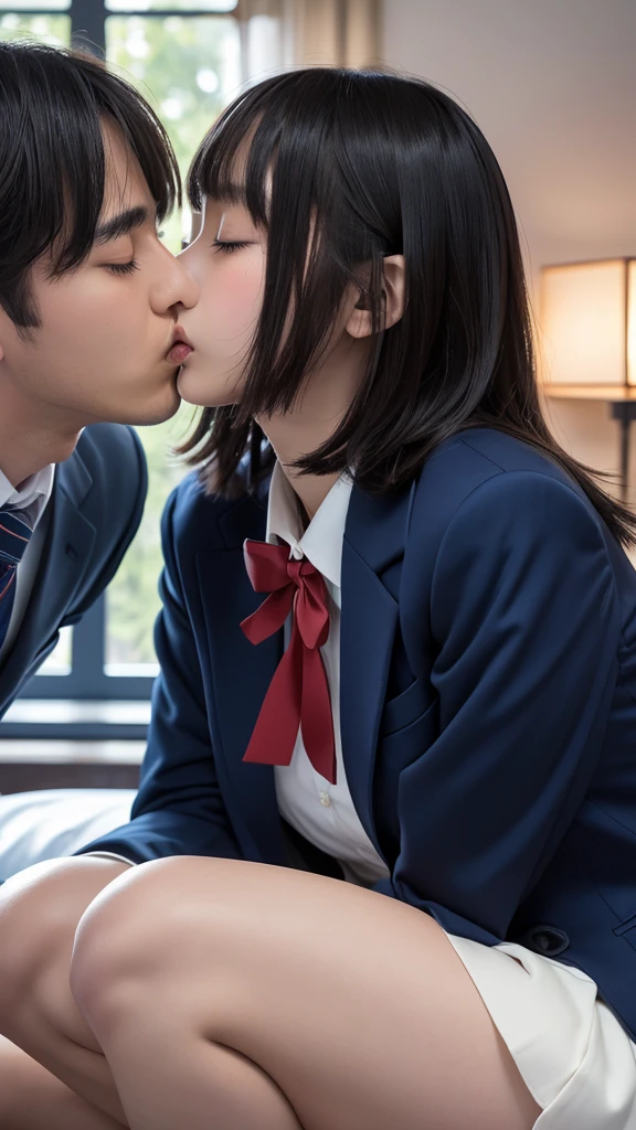 ((masterpiece, Highest quality, High resolution)), Japanese high school girl and her father share a passionate kiss、(Realistic: 1.4), Embarrassed、Closed eyes、close your eyes、Closed Mouth、Shut your mouth.、Great face,Glossy Lips、, short hair、(Beautiful Hair:1.5), Slender、Japanese High School Uniform、(Navy Blue Blazer、Navy blue jacket)、(White dress shirt)、(Red tie)、(Navy blue mini skirt、Beautiful legs)、At the bed、((A deep kiss with my father))、Detailed and real fingers、Smooth, Highly detailed CG composite 8K wallpaper, High resolutionのRAWカラー写真, Professional photography, Light, BackLight, dream-like, impressive, Written boundary depth, (Face close-up:1.2)