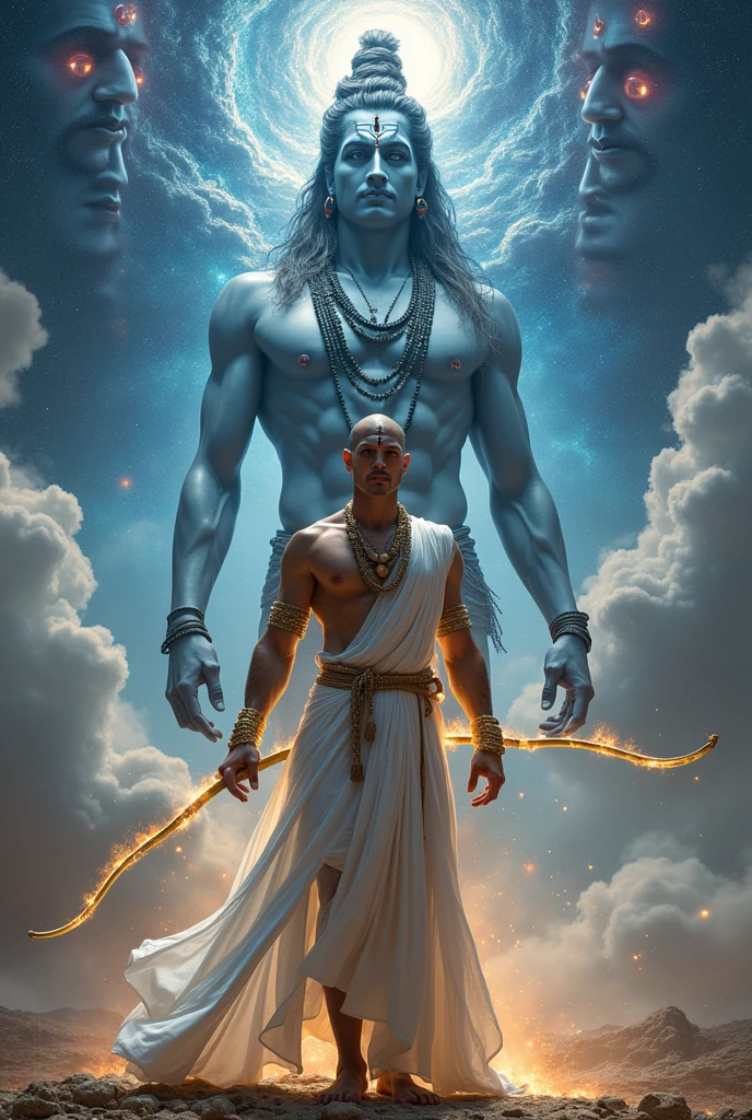 Create the image of the magician Shantih by invoking a Pashupatastra with the following instructions:
#Appearance The wizard Shantih wears ordinary white clothing and a necklace with large beads. (japamala), closely resembling a Buddhist preacher. Furthermore, presents a third eye (bindi) and a great muscular build, which makes others mistake him for a martial artist. He's bald and doesn't have a beard.
Pashupatastra is an astra , a heavenly missile, affiliated with the Hindu deity Shiva , bem como Kali e Adi Parashakti , that can be triggered by the mind, through the eyes, by words or by a bow. Should never be used against lesser enemies or by lesser warriors. (humans), Pashupatastra is capable of destroying creation and defeating all beings. It is one of the six Mantramukta weapons that cannot be resisted..
It is the most powerful astra of Shiva, and the embodiment of his energy and power. When fired, a manifestation of Shiva appears in the sky with a thousand heads., thousand eyes, a thousand stomachs and a thousand feet. Possesses the absolute power capable of annihilating anything, including divine entities and universal creation itself. This weapon had to be obtained directly from Shiva.
attention : Shantih is holding the bow Gandiva and aiming the Pashupatastra like an arrow. The manifestation of the thousand heads of Shiva is right behind the character. Place multiple Shiva faces in the image.