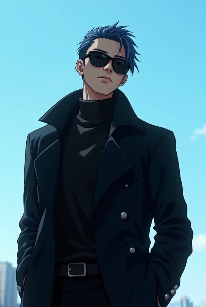 "Create an Instagram profile picture featuring a cool man in a black coat and sunglasses, with an anime-inspired style. Include the text 'Laughter House' in either white or black. The background should use decent, non-flashy colors, and the overall design should be modern and visually appealing, with the text subtly integrated to complement the character." Background sky Blue