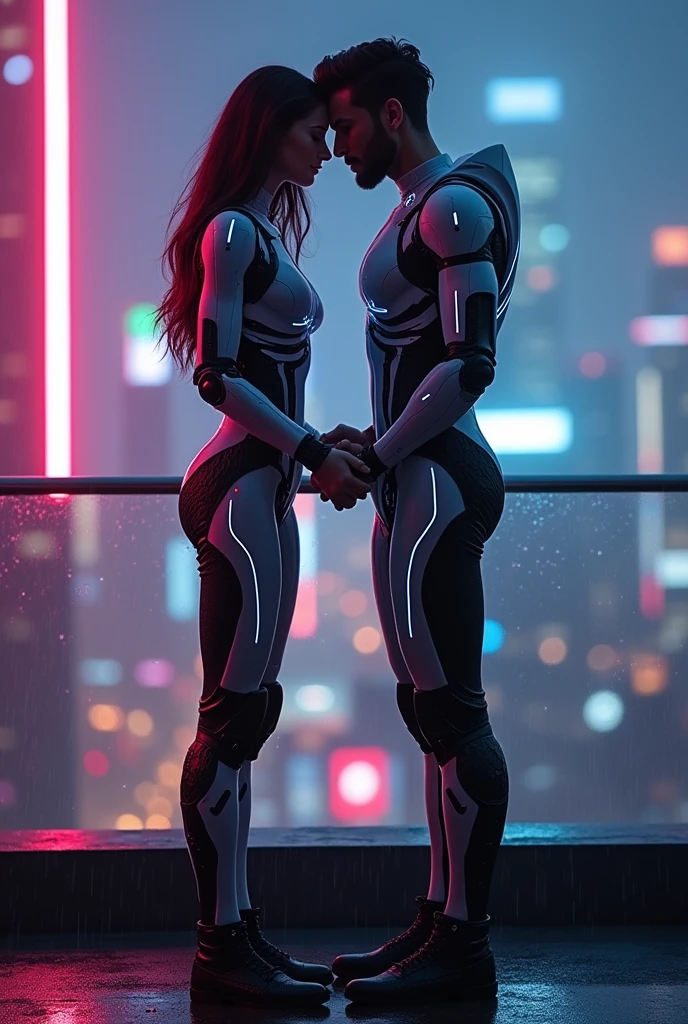 A romantic scene featuring a beautiful female cyborg in a sleek robotic exoskeleton, standing on a rooftop under the glowing lights of a futuristic city. She is gently holding hands with a human male partner, their faces close as they share a tender moment. The neon lights cast soft pink and blue hues across their faces, with the city skyline stretching out in the background. Glowing energy cores on her body pulse softly, reflecting the warmth of the moment. Subtle rain falls, creating a serene and intimate atmosphere, with reflections on the wet surface of the rooftop. Highly detailed, cinematic lighting, sci-fi romance with a cyberpunk aesthetic