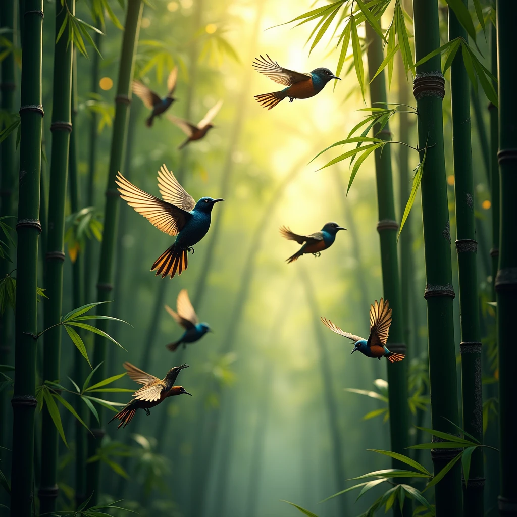 Birds in bamboo forests jump or forage between bamboo branches. Capture the natural behavior of animals and the ecology of bamboo forests using telephoto lenses and fast shutter speeds. Beautiful cinematic lighting, surreal, RAW photo, color graded, dynamic movement, captivating chiaroscuro, award-winning, cinematic still, emotional, vignette, dynamic, vivid, (masterpiece, best quality, photorealistic, Professional, perfect composition, very aesthetic, absurdres, ultra-detailed, intricate details:1.3)