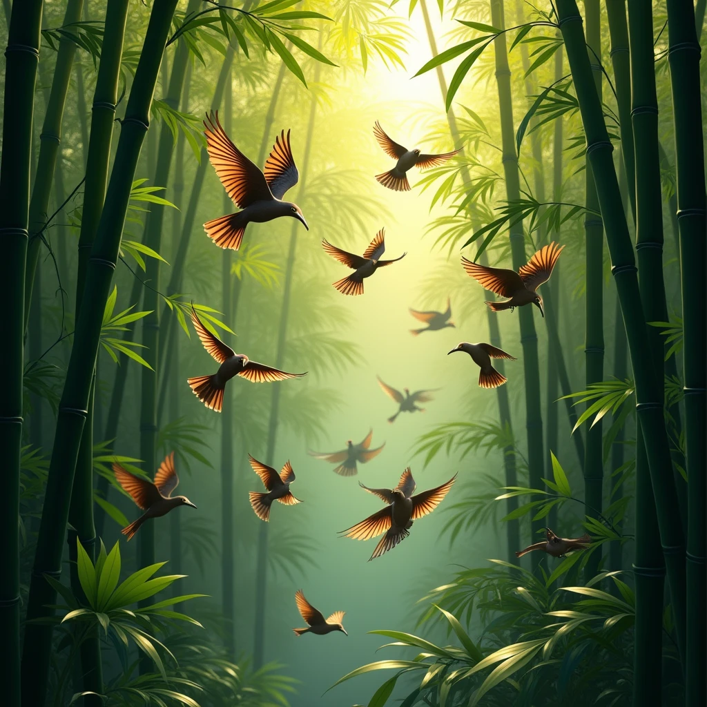 Birds in bamboo forests jump or forage between bamboo branches. Capture the natural behavior of animals and the ecology of bamboo forests using telephoto lenses and fast shutter speeds. Beautiful cinematic lighting, surreal, RAW photo, color graded, dynamic movement, captivating chiaroscuro, award-winning, cinematic still, emotional, vignette, dynamic, vivid, (masterpiece, best quality, photorealistic, Professional, perfect composition, very aesthetic, absurdres, ultra-detailed, intricate details:1.3)