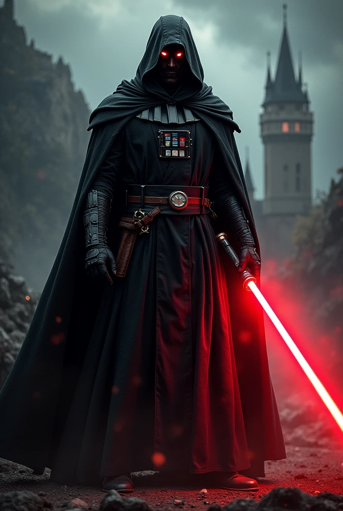 The country Germany as a Sith Lord from Star Wars, colors of the flag, red lightsaber, scary, frightening, ultra-realistic