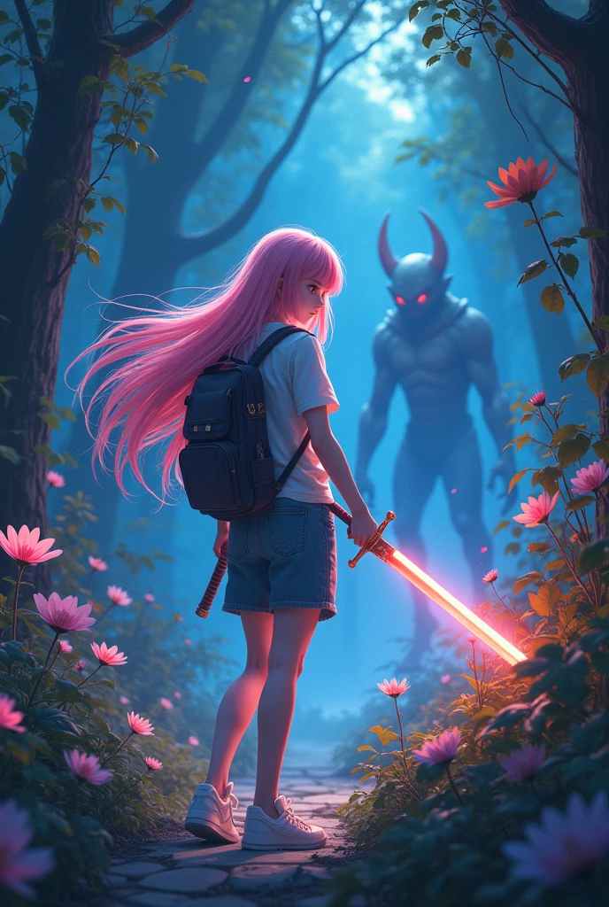(animation:1.4), vibrant fantasy forest, magical atmosphere, glowing plants, long pink hair, white skin, 18-year-old girl, casual modern clothing, holding a semi-realistic fantasy sword, facing off against a creature, intense and determined expression, dynamic battle-ready pose, sword raised, creature in background, preparing to attack, intricate details, enchanted environment, mystical lighting, vibrant colors, cinematic composition, by Hayao Miyazaki, by Yoshitaka Amano