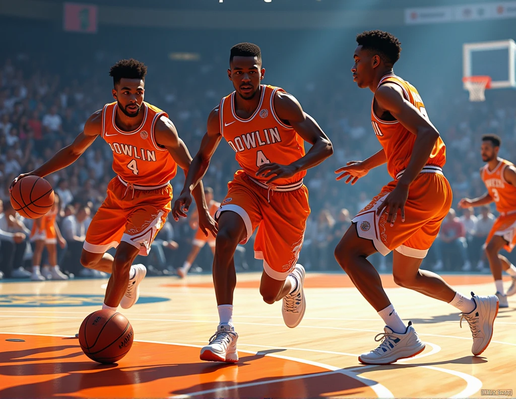 "The action continues on the court. Dowlin (#7) He is dribbling an opponent with skill, while Franklin (#4) and Angel (#10) are in support. The ball moves quickly between the players, and the animation shows the fluidity of the game with speed lines and motion effects. The opponents try to recover the ball, but the COAR team maintains control."