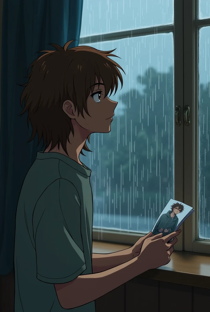 Create a young man, with brown long tousled hair, looking out the window as it's raining outside. (90s anime style)