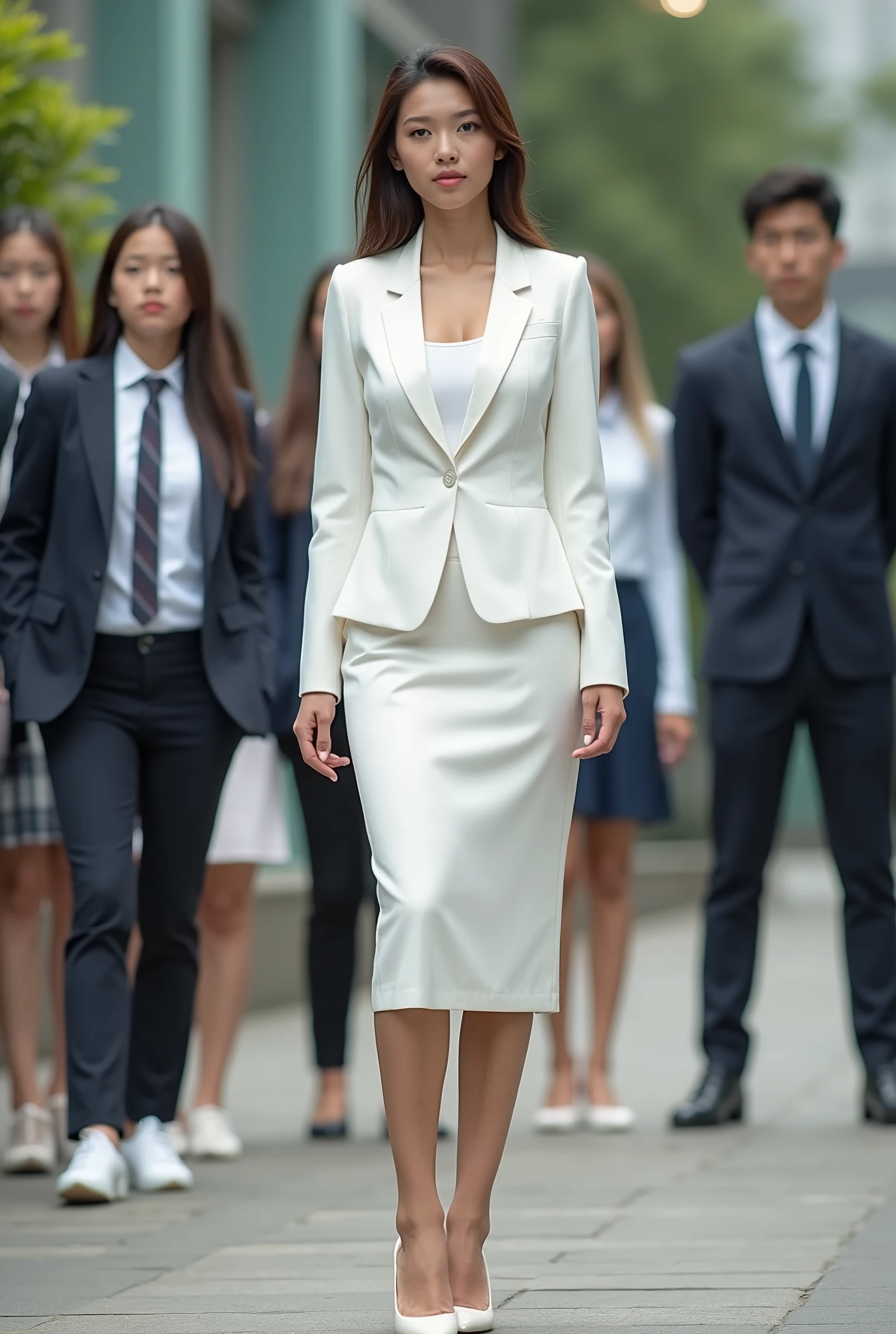 Female teacher incontinence during group photo shoot、incontinence、Peeing on your own、Lots of pee、From below、White Suit、White Skirt、High heels、Perfect figure、A beautiful woman、Lined up with students in front of the school building、upright、Tears of embarrassment after wetting myself、Surrounded by students、be subjected to relentless contempt from students