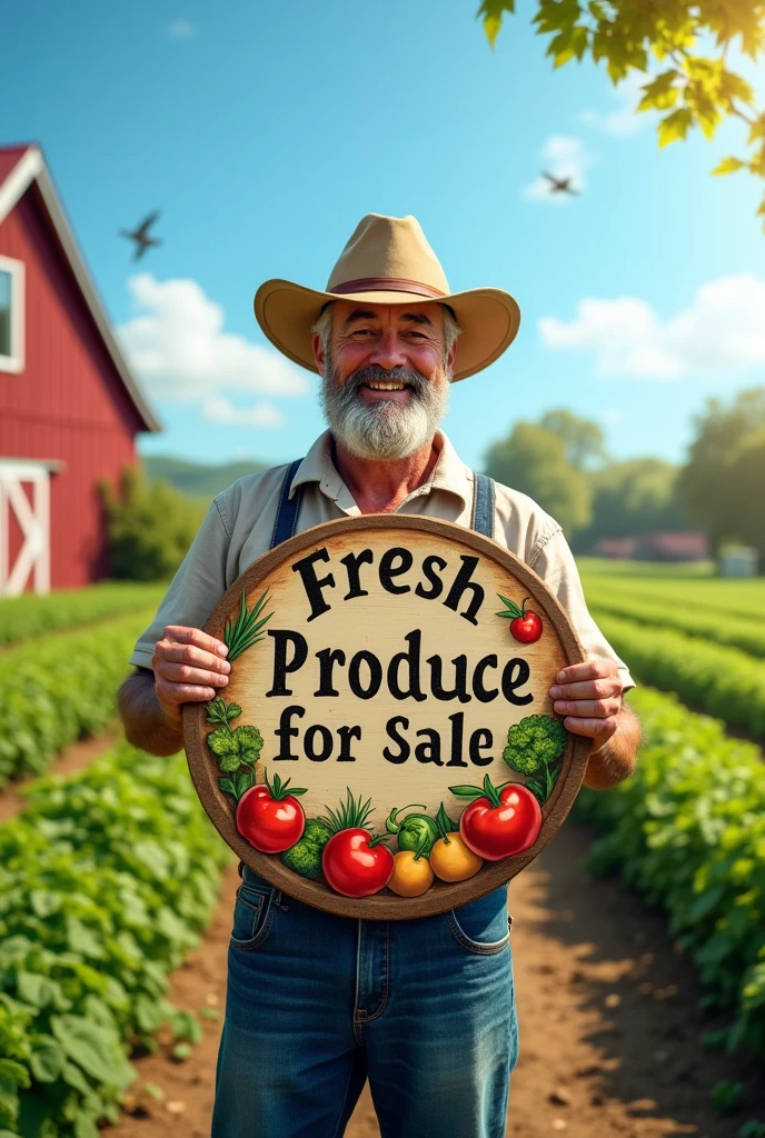 Create a farmer holding a round sign offering his product for sale 