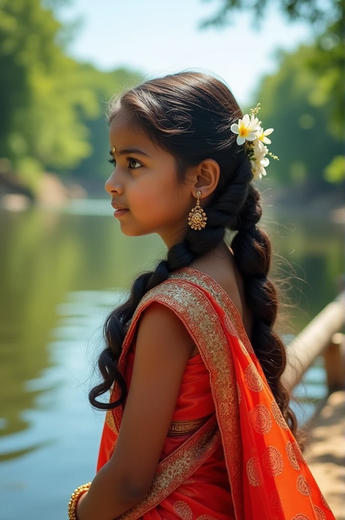 A Indian most cute girl wearing sari without blouse river side