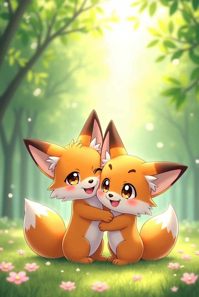 Two anime guys with fox characteristics hugging each other 