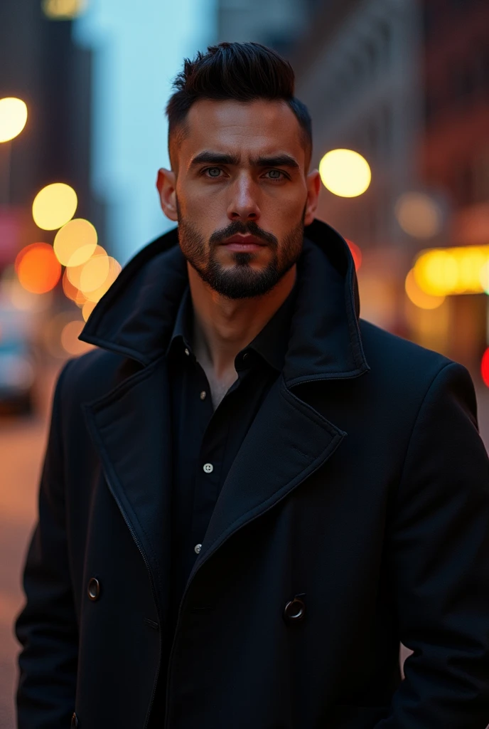 Tall man, short black hair, with blue eyes, little beard, stark, sexly