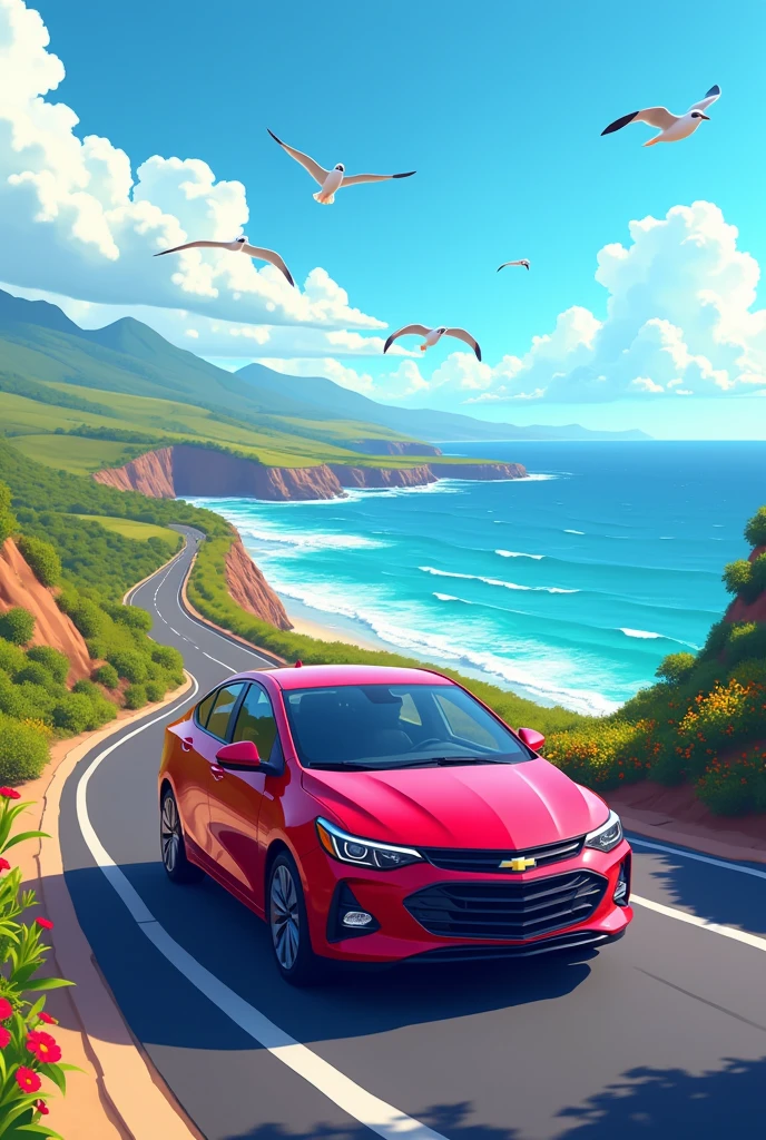 Wallpaper for cell phone of a 2023 Chevrolet Onix LT sedan car in carmine color. The car is seen driving on a road in Uruguay and a little far away. Let the image be animated Disney Pixart style