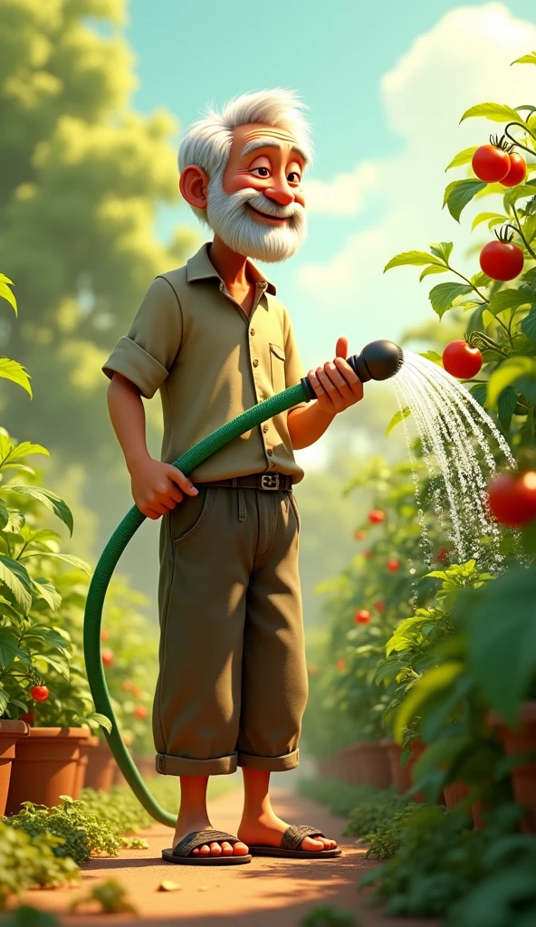 Uncle Tu is an elderly man, Lean with gray hair and tanned skin. He usually wears simple clothes like old shirts, Long pants and flip-flops. He has a gentle face, often smile beard. Holding a hose Watering tomatoes 3d animation 
