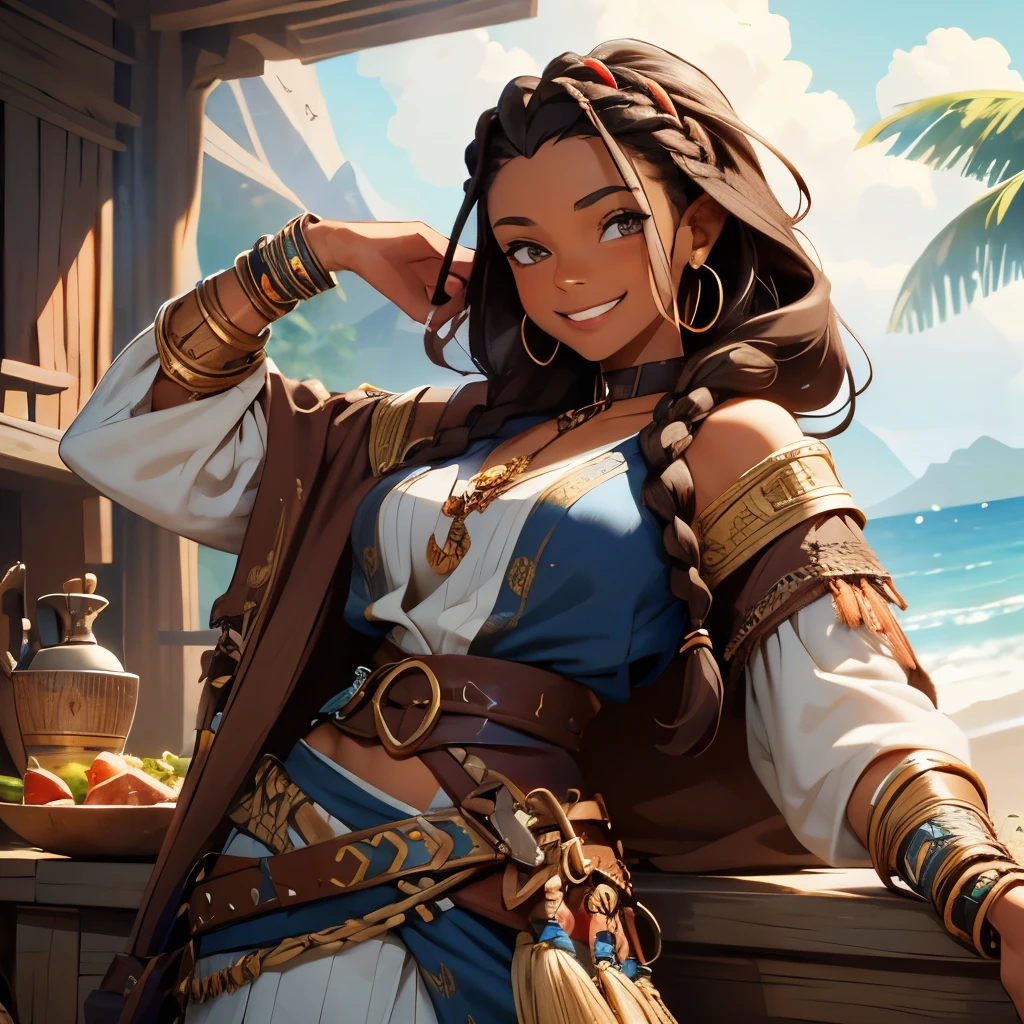 human female, modest, pirate attire, flowy shirt, dark hair, brown skin, toned muscles, curvy figure, tribal braided hair, grinning, happy, trinkets in hair