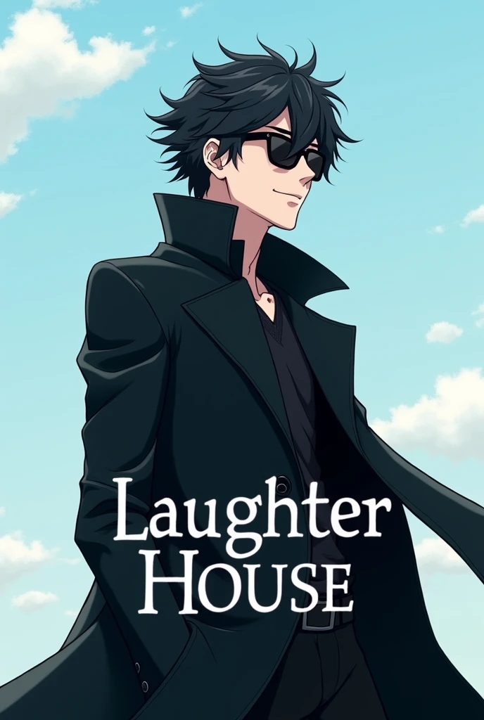 "Create an Instagram profile picture featuring a cool man in a black coat and sunglasses, with an anime-inspired style. Include the text 'Laughter House' in either white or black. The background should use decent, non-flashy colors, and the overall design should be modern and visually appealing, with the text subtly integrated to complement the character." Background sky Blue 