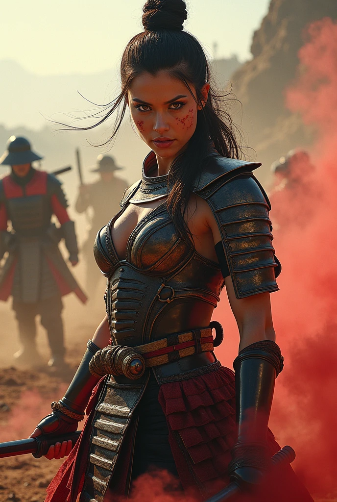 a beautiful woman wearing japanese warrior armor, carrying a katana sword, standing in a battle field, action pose, red scratches on her body, highly detailed, 8k, photorealistic, dramatic lighting, cinematic, vibrant colors, digital art