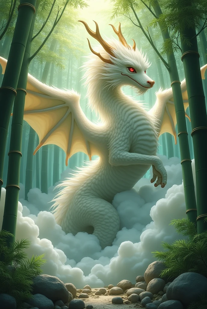 Bamboo Forest, oriental dragon made of clouds, giant ethereal creature, a large branched horn, big wings,