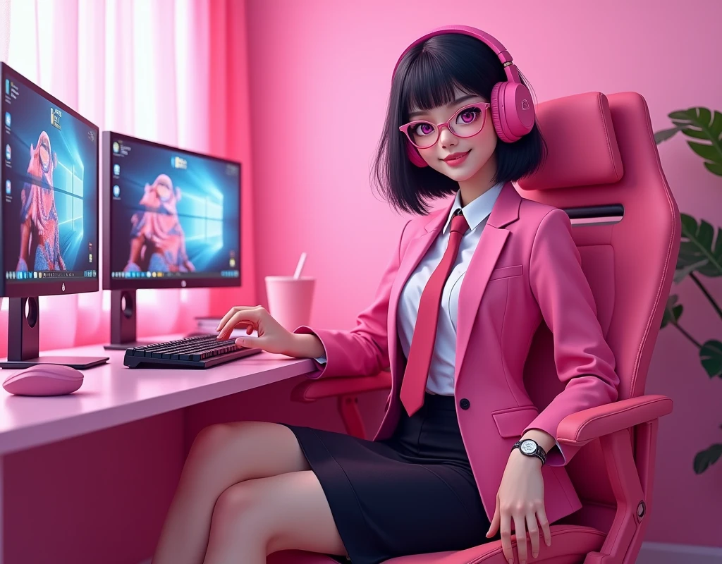 The young woman short black hair and pink eyes wear a pink suit, white shirt, magenta necktie, black pencil skirt, black underpants, black tights, black socks, adidas white sneakers.
She wear glasses and pink gaming headphone, sit on the pink gamer chair, smiled, privacy pink room, two pink monitor gaming, black keyboard, pink mouse, pink computer case, cartoon anime, 4K, HD