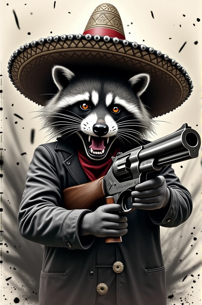 Design a highly detailed and realistic black and white tattoo featuring an angry raccoon wearing a mariachi hat holding a gun. The raccoon should be depicted in a natural posture., not humanoid, with intricately detailed fur and expressive eyes. The weapon must be well defined, with visible details that reflect its classic design. In the background, There must be a dynamic explosion, with thick strokes and black ink that create bold contrasts, emphasizing the intensity of the scene. The design should capture a moment of action with a dramatic touch, highlighting the texture and depth of the raccoon and the background.