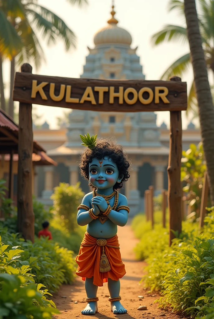 Little blue colour krishna is standing in a village with the background of  a sign board wrote KULATHOOR and a temple 