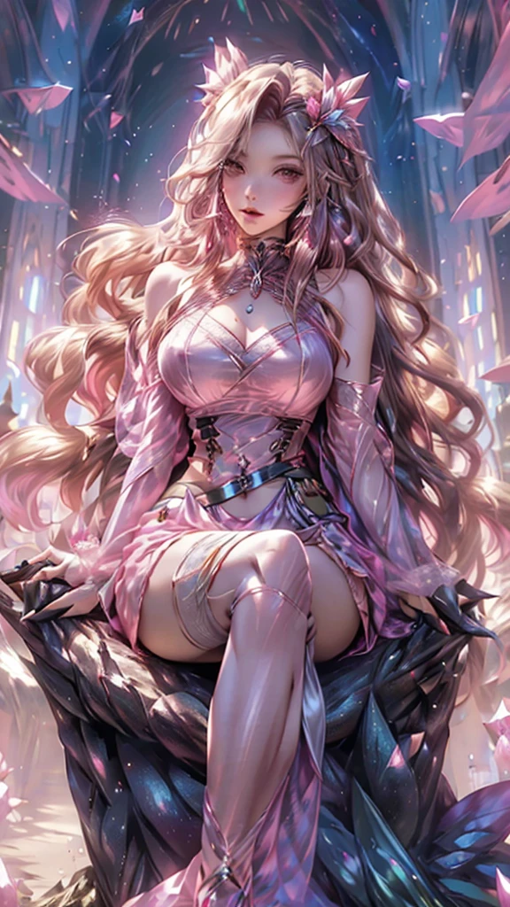 best quality,masterpiece,Ultra-high resolution,(photoactual:4:0),emperor bush,A Protea Goddess,Pink long hair shawl,Big breasts,thin waist,Wearing an imperial lace skirt,Sitting on the flower