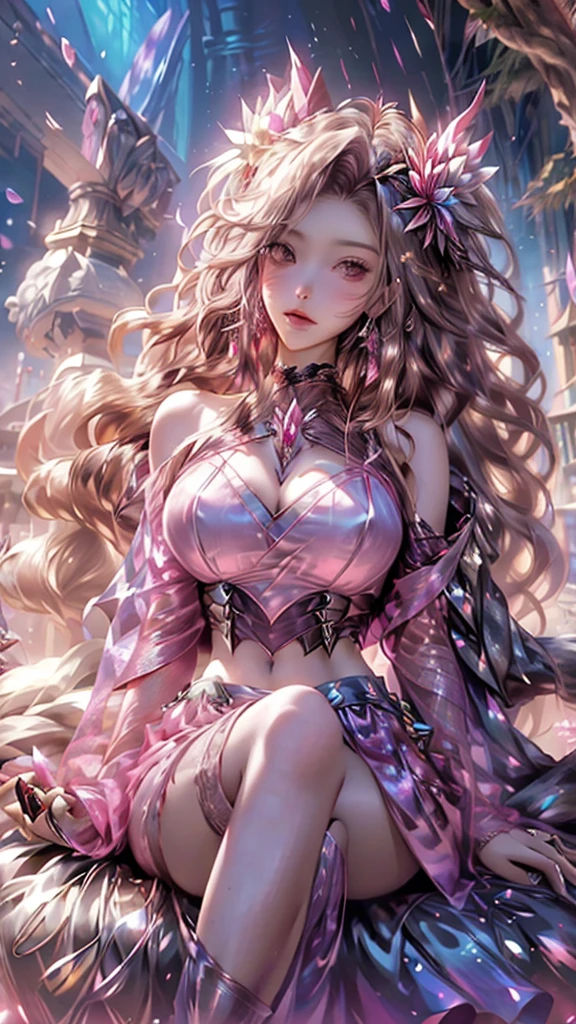 best quality,masterpiece,Ultra-high resolution,(photoactual:4:0),emperor bush,A Protea Goddess,Pink long hair shawl,Big breasts,thin waist,Wearing an imperial lace skirt,Sitting on the flower