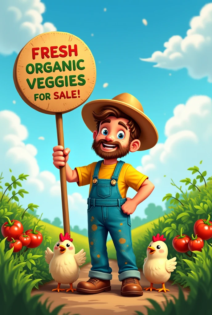 Create a farmer holding a round sign offering his product for sale, Let it be cartoonish