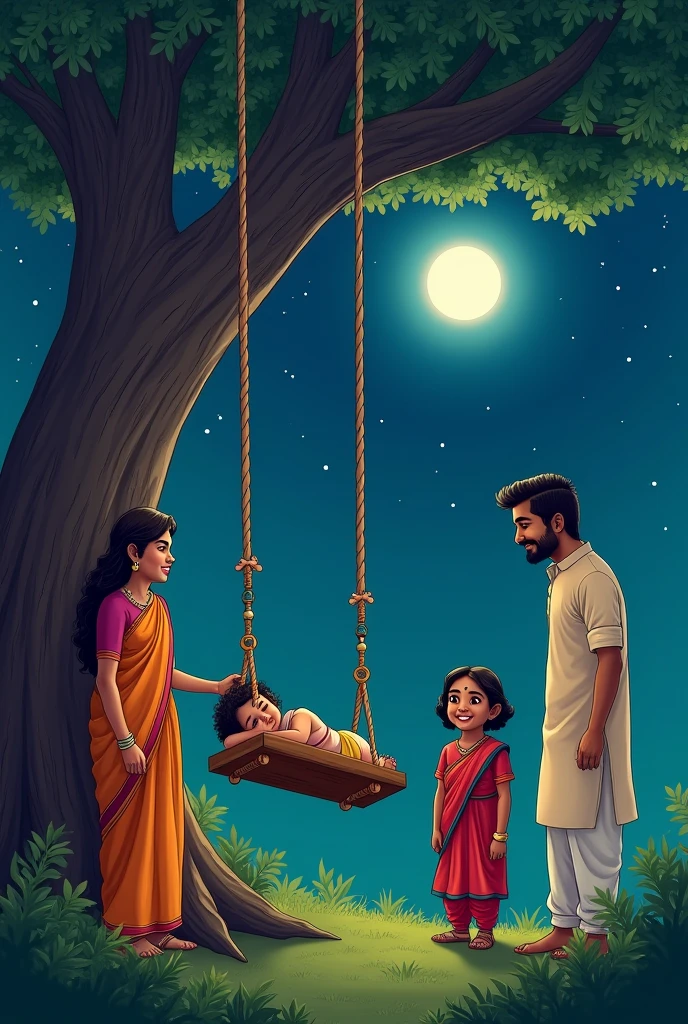 Creat a 3d AI IMMAGE OF one small child sleep in a swing hange on a tree at night and Indiantwo lady and one men are looking this