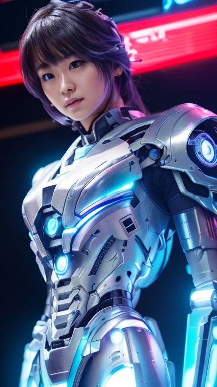 Highest quality, masterpiece, shape, (Realistic, photo-Realistic:1.37), wonderful, In detail, Unbelievably absurd, Very detailed, High resolution, Very detailed CG Unity 8k , Very detailed目と顔, Ray Tracing, The cyborg girl is pure.,She is wearing a mecha armor jacket..。.., Exposing most of her flawless skin. Added armor details to shoulders and head.、wonderfulハイライトがいくつかあります, Tech Panels and Mechanisms. She stands against a futuristic cityscape lit up with vibrant neon lights......、Standing full of energy。.