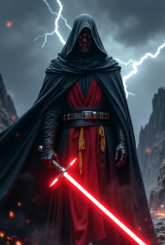 The country Germany as a Sith Lord from Star Wars, colors of the flag, red lightsaber, scary, frightening, ultra-realistic 