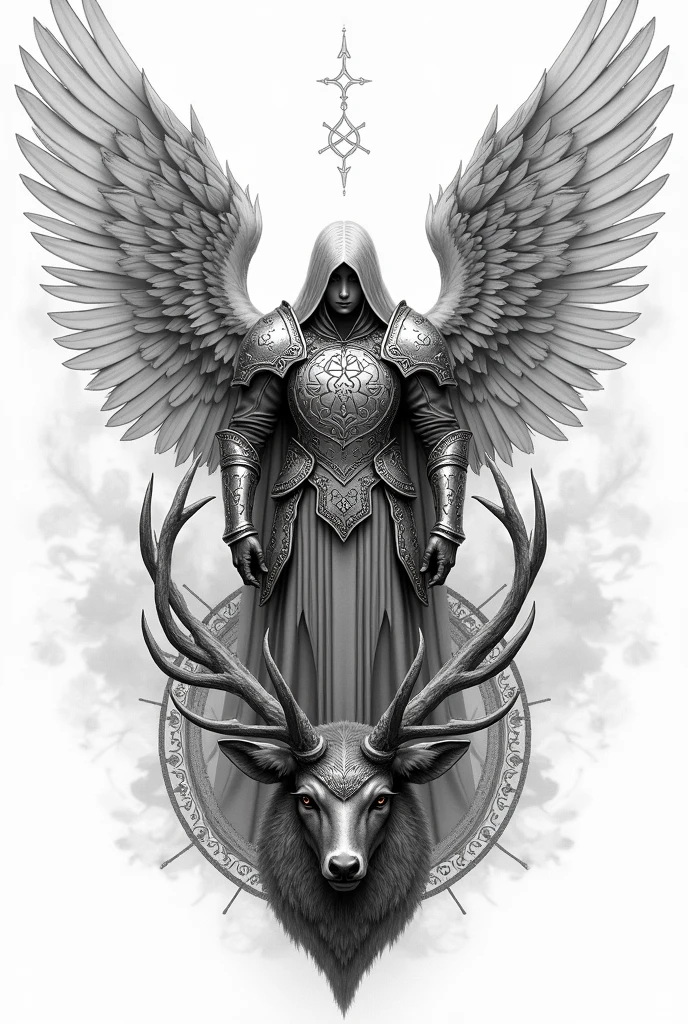 Could you create a forearm tattoo sketch of a guardian angel in armor with a deer head at the feet and with Nordic symbols?
