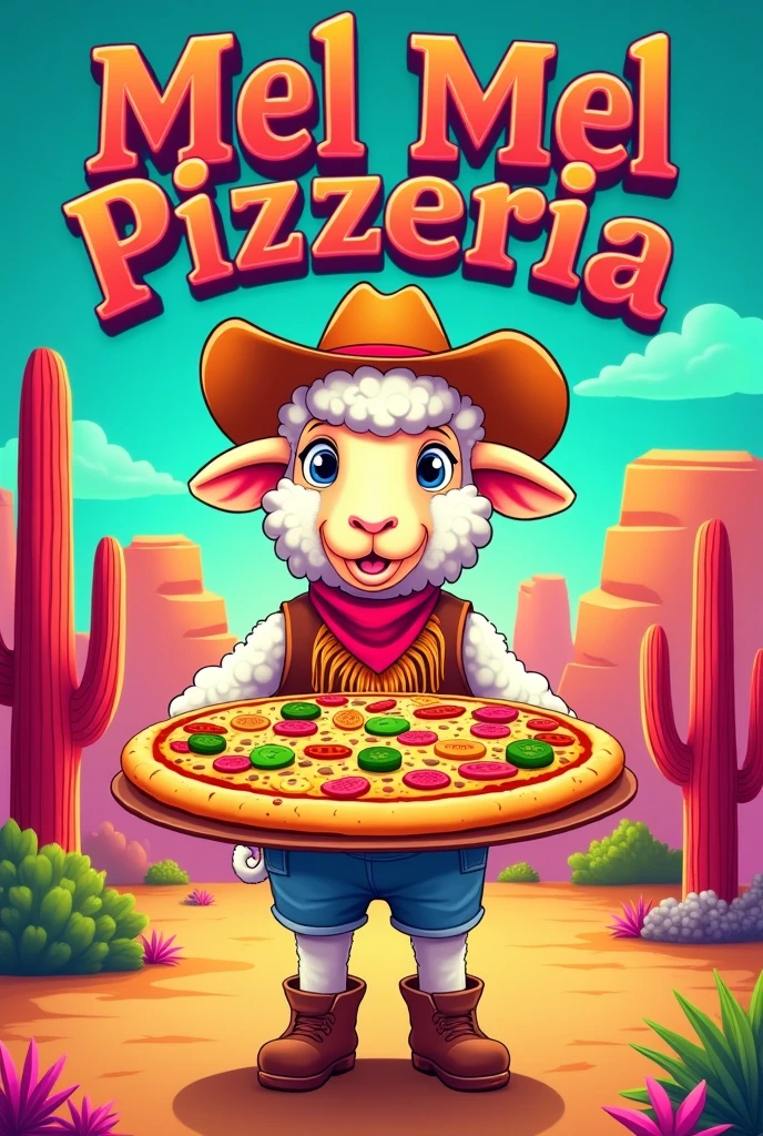 make me a poster of a pizza with 80s style a sexy humanoid female sheep cartoon style is dressed as a cowgirl 
holding pizza

a sentence written on top

Mel Mel Pizzeria