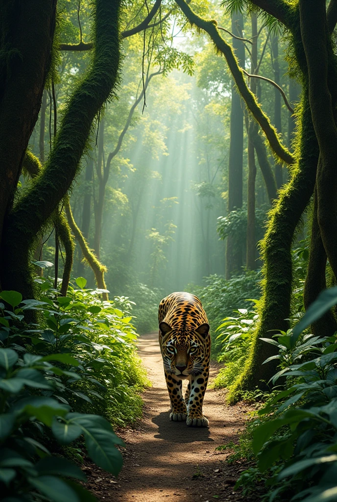 Long path like a trail in the Amazon rainforest and jaguar