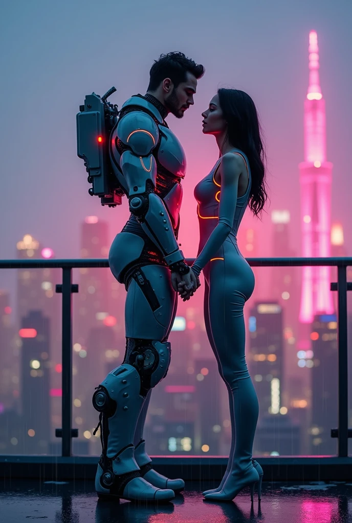 A romantic scene featuring a beautiful female cyborg in a sleek robotic exoskeleton, standing on a rooftop under the glowing lights of a futuristic city. She is gently holding hands with a human male partner, their faces close as they share a tender moment. The neon lights cast soft pink and blue hues across their faces, with the city skyline stretching out in the background. Glowing energy cores on her body pulse softly, reflecting the warmth of the moment. Subtle rain falls, creating a serene and intimate atmosphere, with reflections on the wet surface of the rooftop. Highly detailed, cinematic lighting, sci-fi romance with a cyberpunk aesthetic