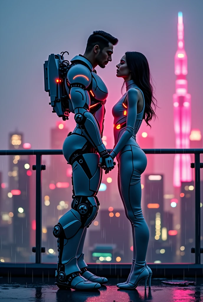 A romantic scene featuring a beautiful female cyborg in a sleek robotic exoskeleton, standing on a rooftop under the glowing lights of a futuristic city. She is gently holding hands with a human male partner, their faces close as they share a tender moment. The neon lights cast soft pink and blue hues across their faces, with the city skyline stretching out in the background. Glowing energy cores on her body pulse softly, reflecting the warmth of the moment. Subtle rain falls, creating a serene and intimate atmosphere, with reflections on the wet surface of the rooftop. Highly detailed, cinematic lighting, sci-fi romance with a cyberpunk aesthetic