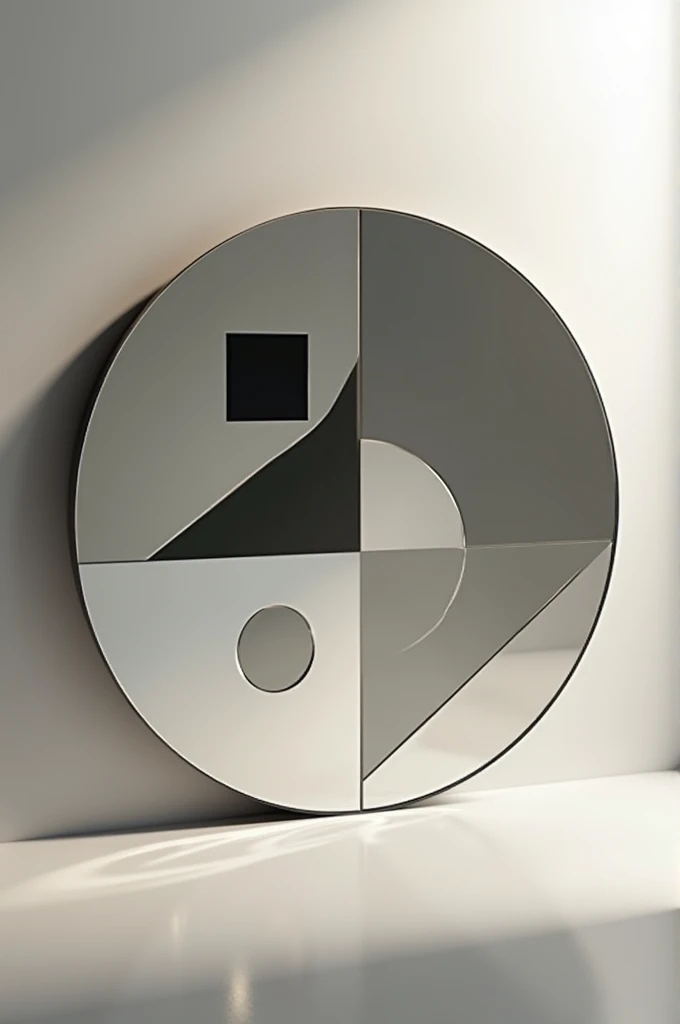 The design features a circular mirror with four geometrical shapes arranged inside. A square is positioned in the top-left area, a triangle in the bottom-left, a rectangle on the right, and a smaller circle near the top-right. All shapes are evenly distributed and centered within the circular boundary, creating a balanced and symmetrical design. Each shape's sides or edges align with the circular boundary to maintain a cohesive and structured look